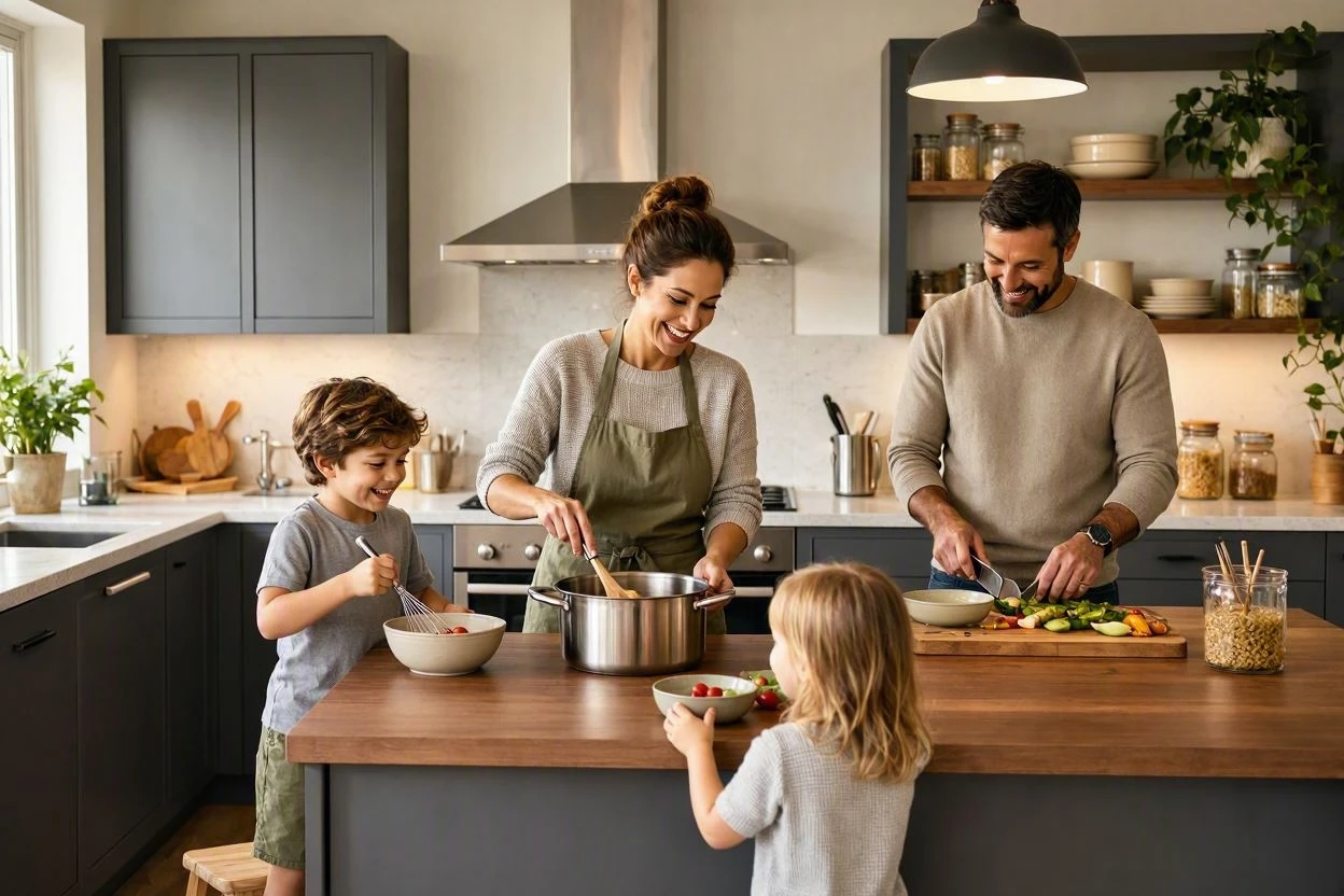 Couple preparing vegetables together on a kitchen island