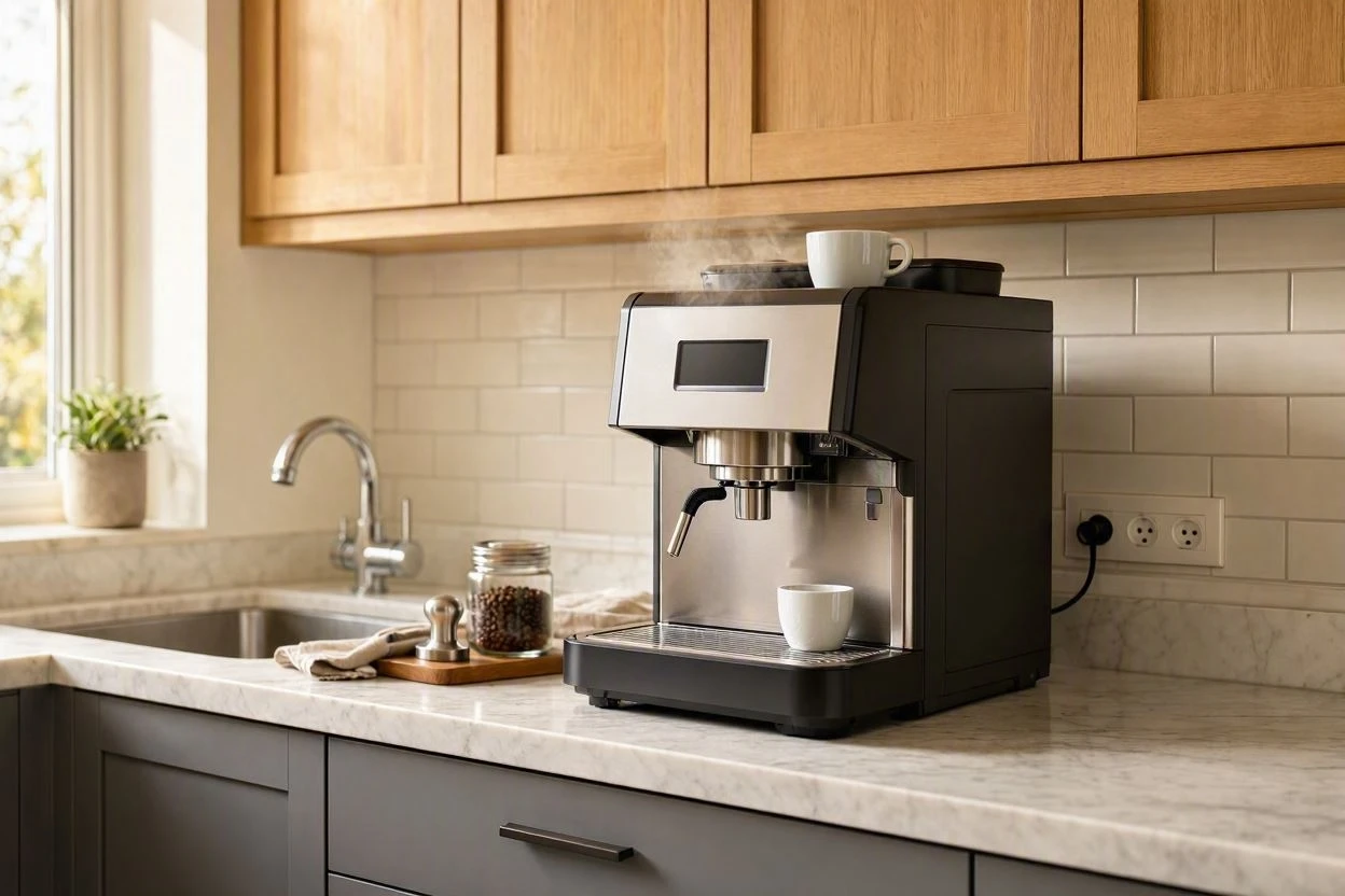 Built-in coffee system set into kitchen cabinetry