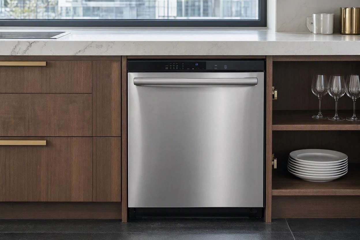 Open dishwasher loaded with clean dishes