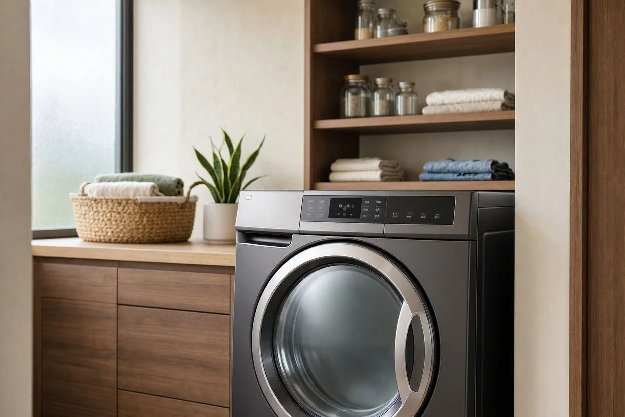 Bright laundry room with a washer and dryer beside a window