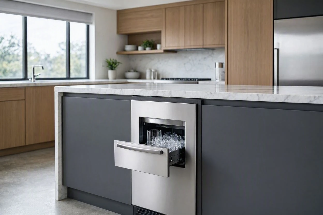 Built-in refrigerator ice maker dispensing ice