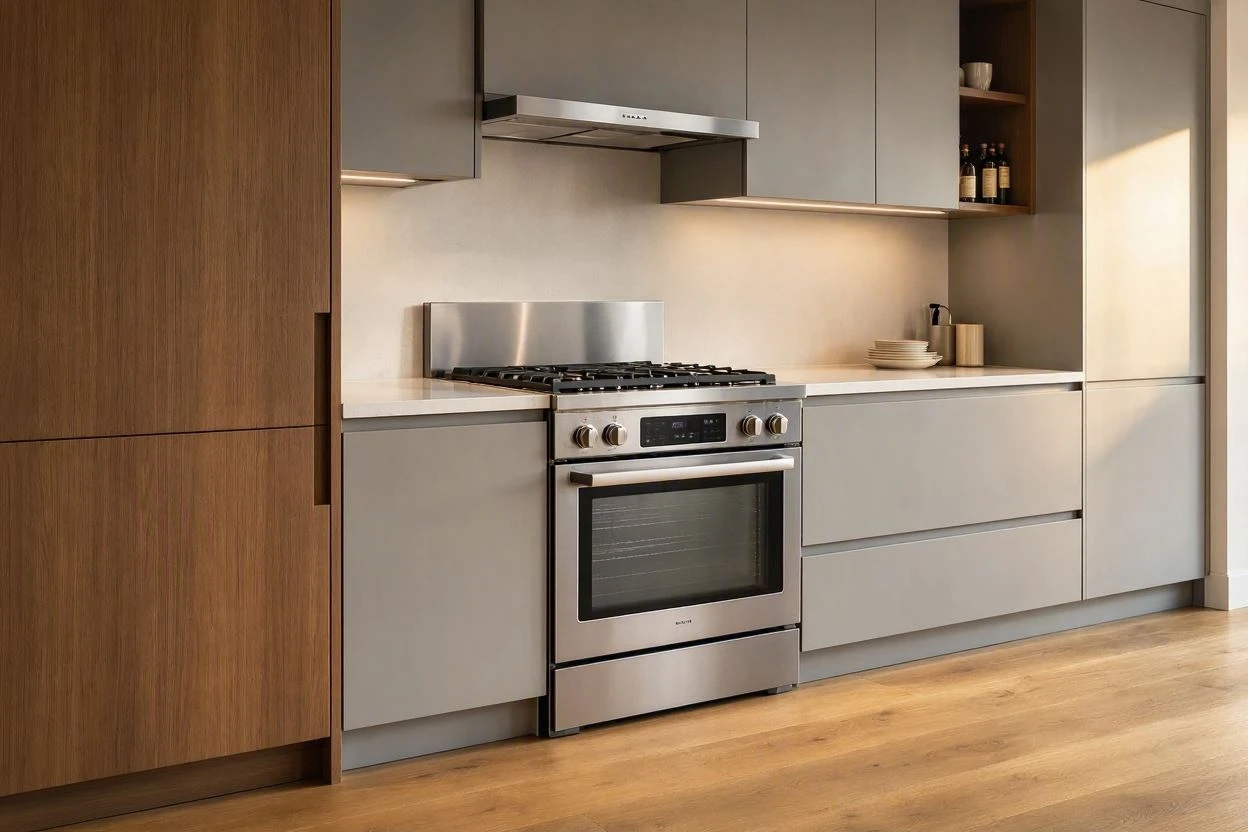 Professional stainless steel gas range in a home kitchen