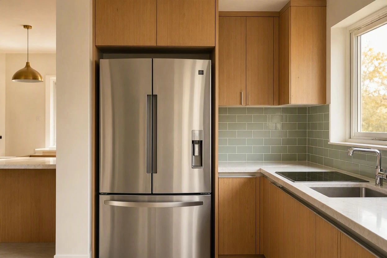 Stainless steel refrigerator in a modern fitted kitchen