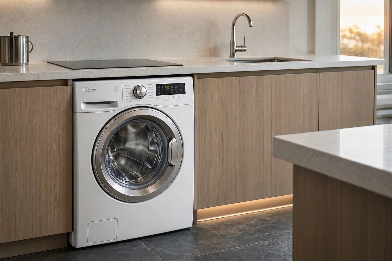 Front-load washing machine in a home laundry room