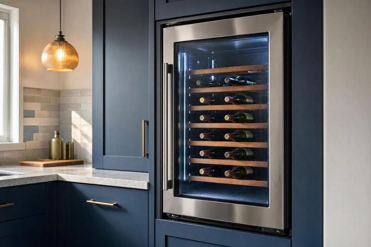 Built-in wine cabinet with bottles stored on their side